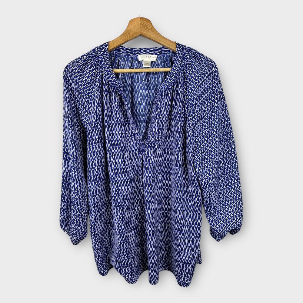 Kenar Womens size Large Ikat Pullover Long Sleeve Blouse Top Blue Popover